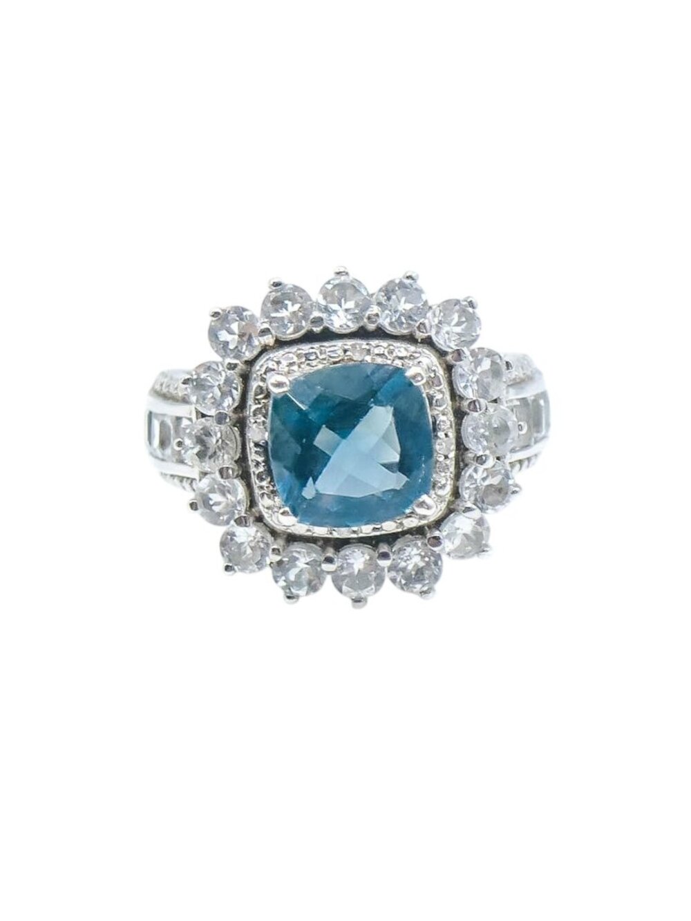 STS Sterling Silver 4ct Blue Spinel White Topaz Diamond Halo Ring Size 6.75